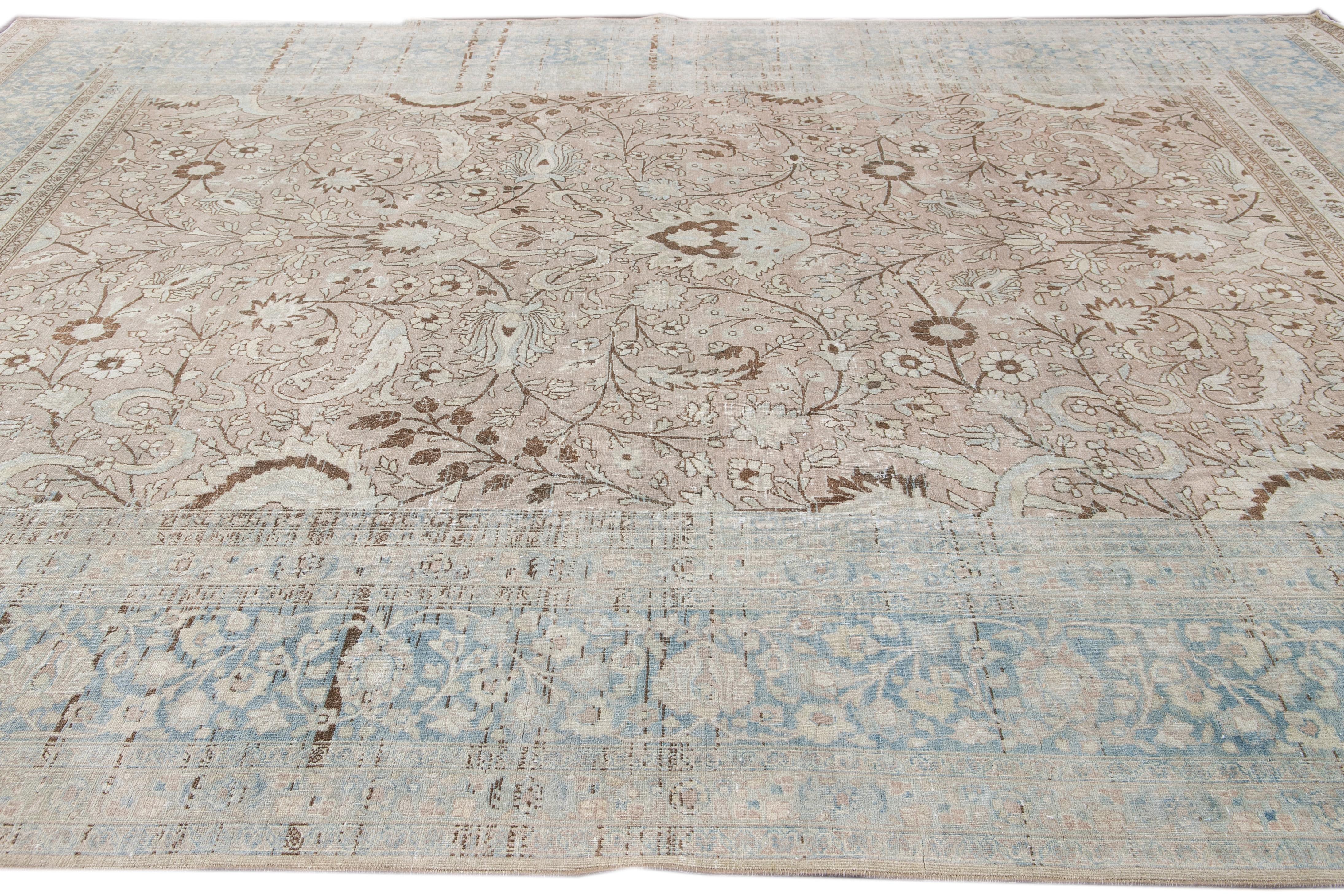 Antique Beige and Blue Tabriz Handmade Floral Wool Rug In Distressed Condition In Norwalk, CT