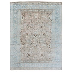 Antique Beige and Blue Tabriz Handmade Floral Wool Rug