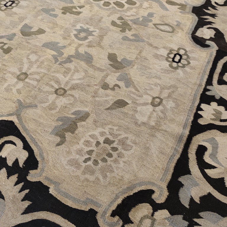 Antique Beige Ground Bessarabian Kilim Rug with Black Border For Sale