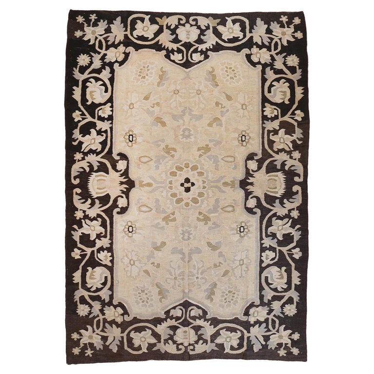 Antique Beige Ground Bessarabian Kilim Rug with Black Border For Sale