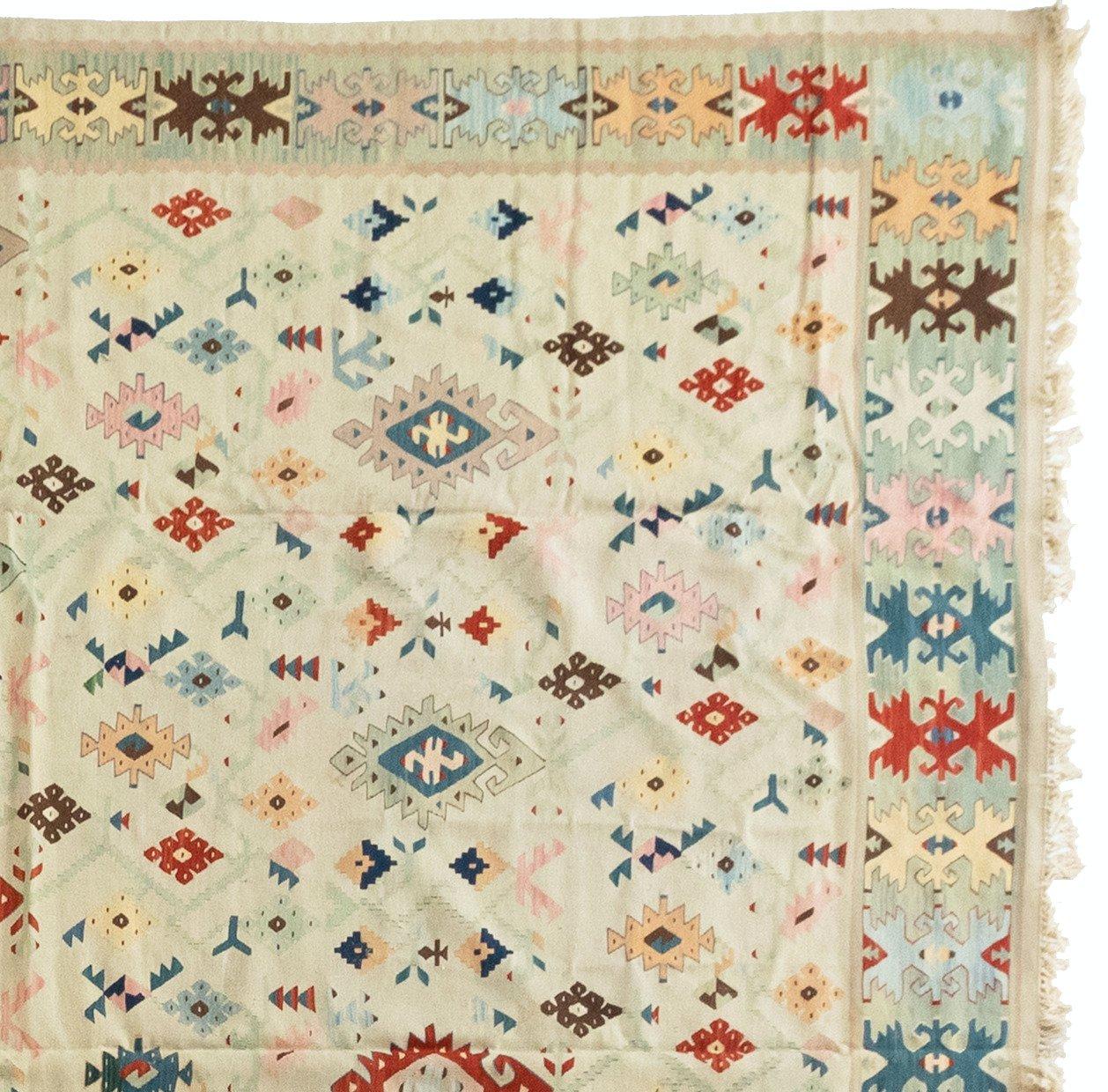 Antique Ivory Multicolored Diamond Eastern European Kilim Flat Weave Rug, 1960s In Good Condition For Sale In New York, NY