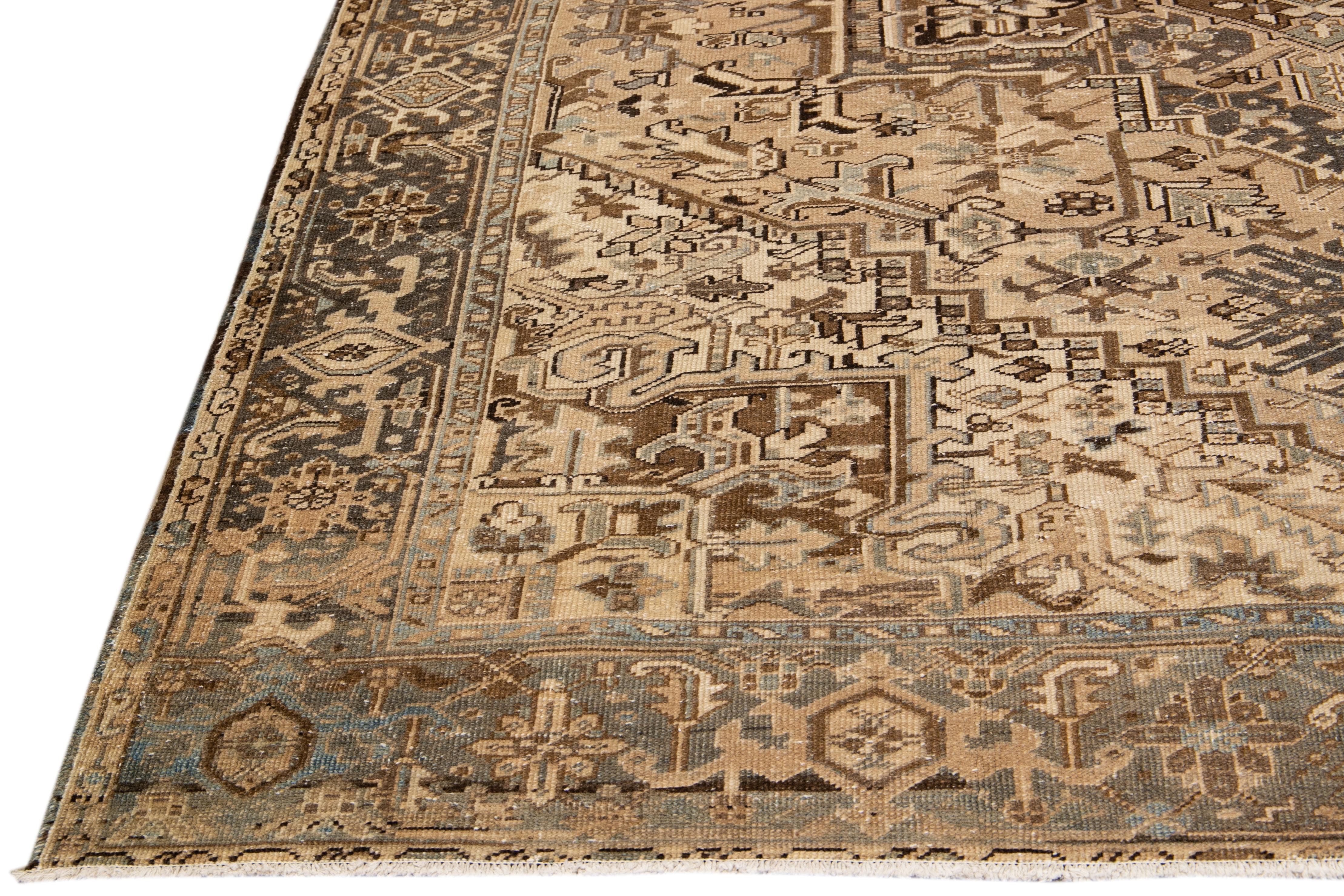 Hand-Knotted Antique Beige Persian Heriz Handmade Medallion Wool Rug For Sale