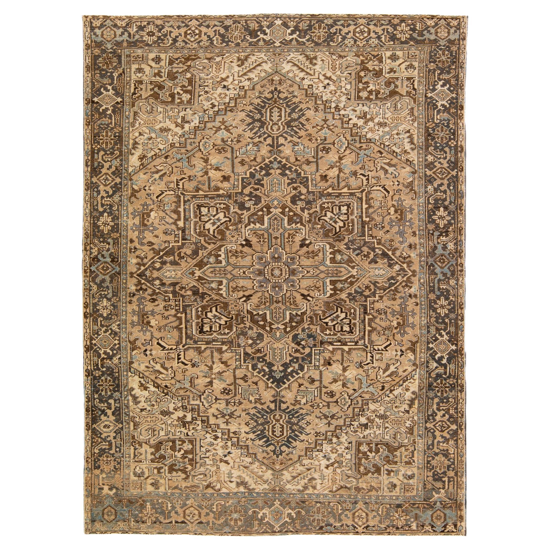 Antique Beige Persian Heriz Handmade Medallion Wool Rug For Sale