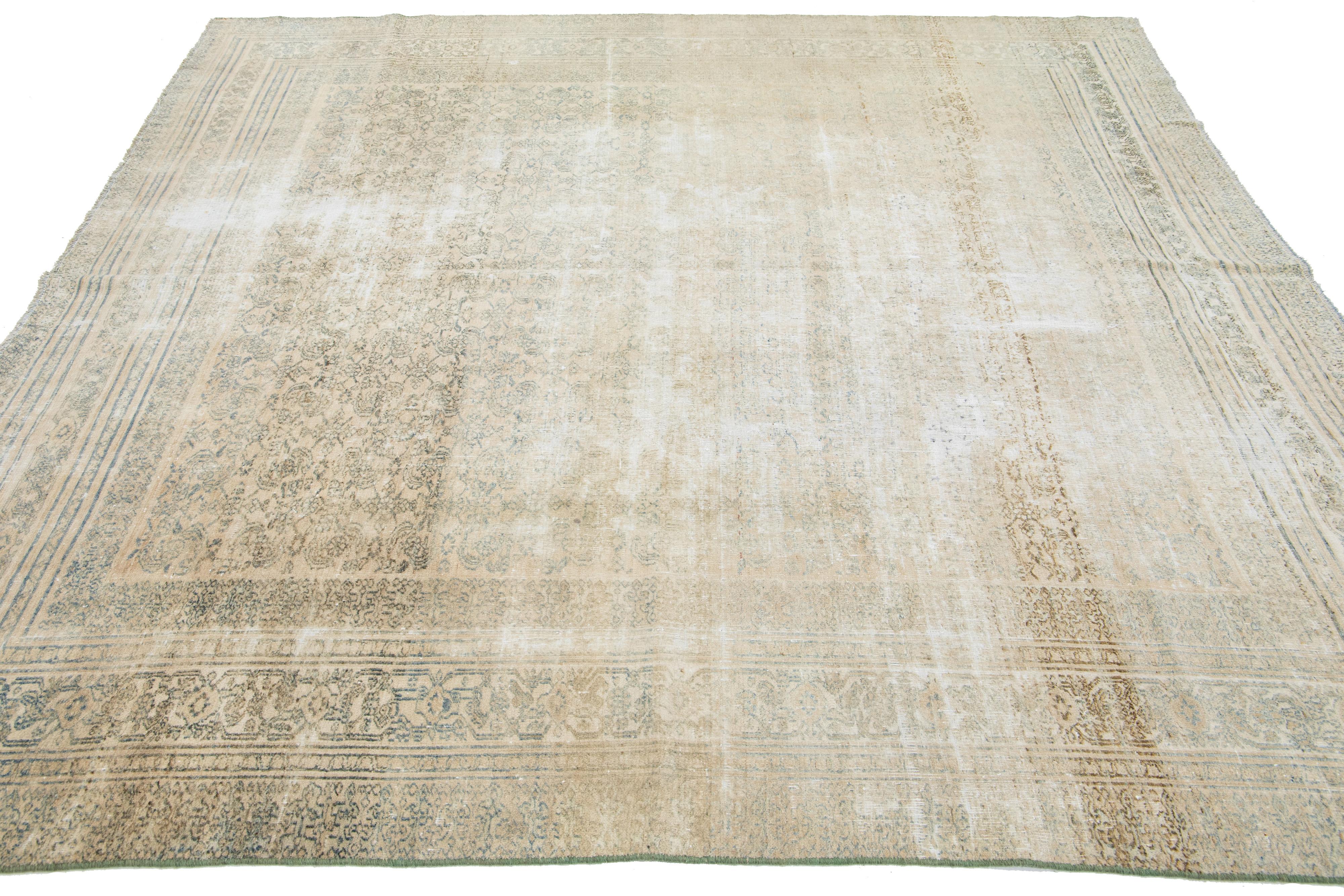 Antique Beige Persian Malayer Wool Rug Handmade with Allover Motif In Distressed Condition For Sale In Norwalk, CT