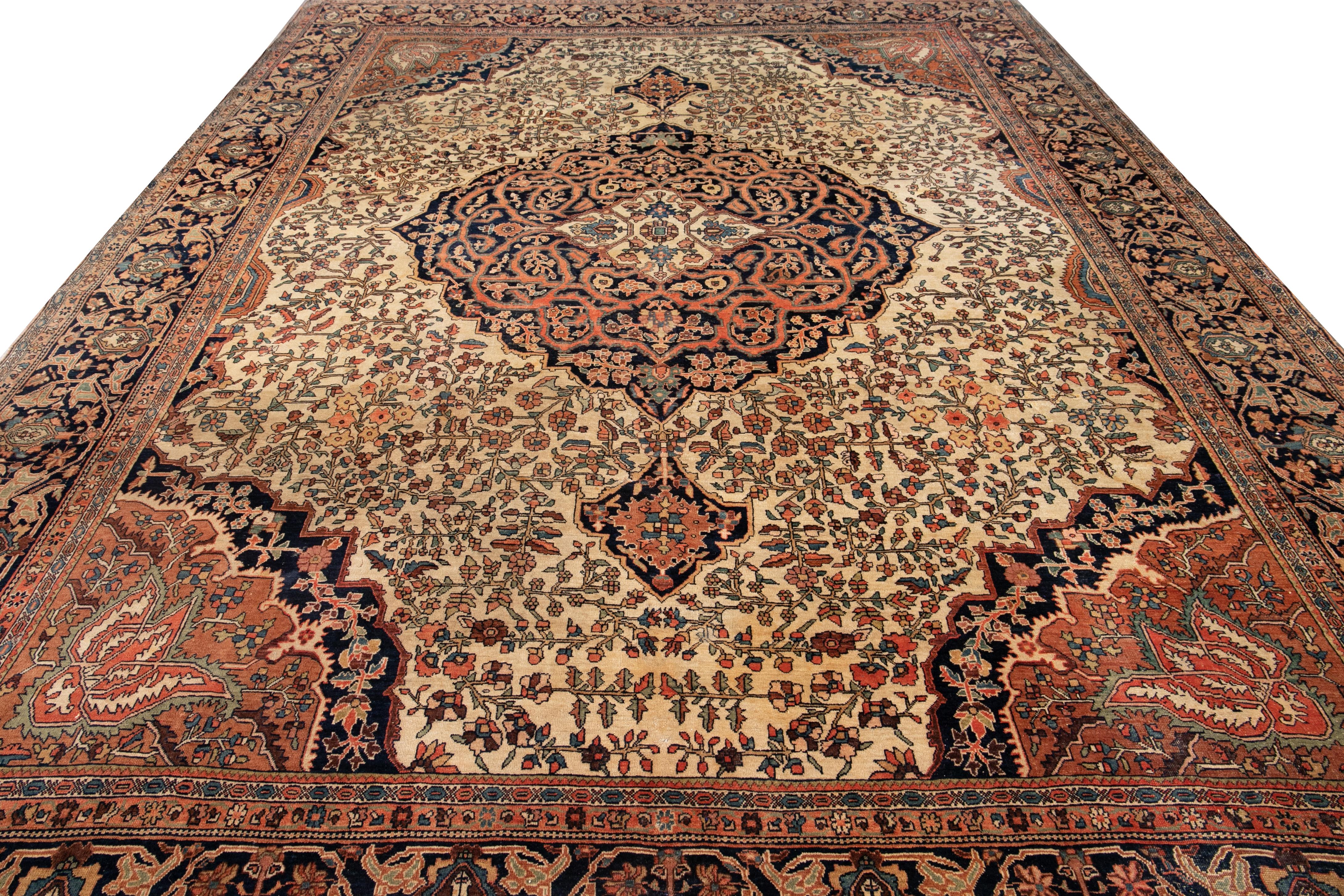 Hand-Knotted Antique Beige Sarouk Farahan Persian Handmade Wool Rug For Sale
