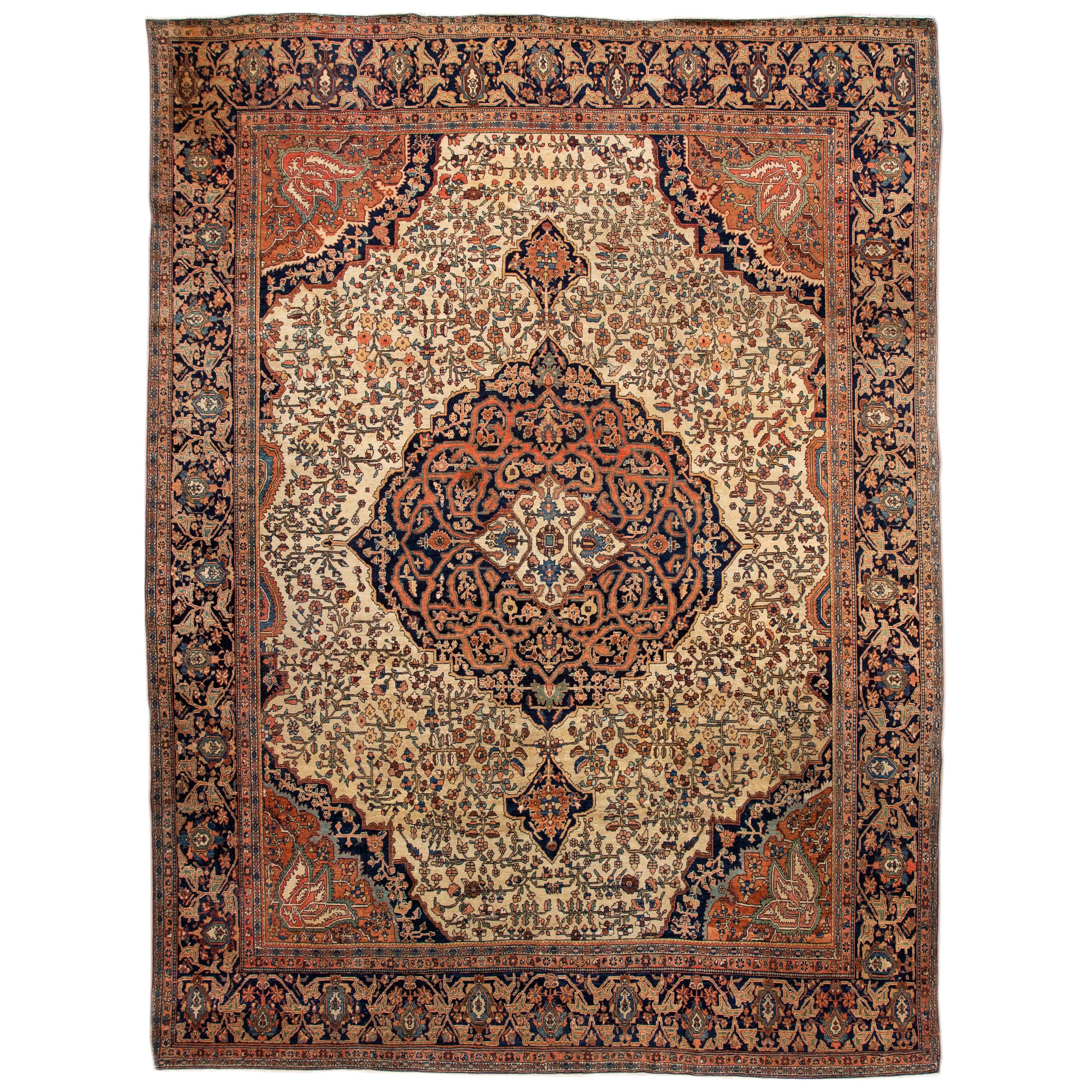 Ancien tapis persan Farahan en laine beige Sarouk fait à la main