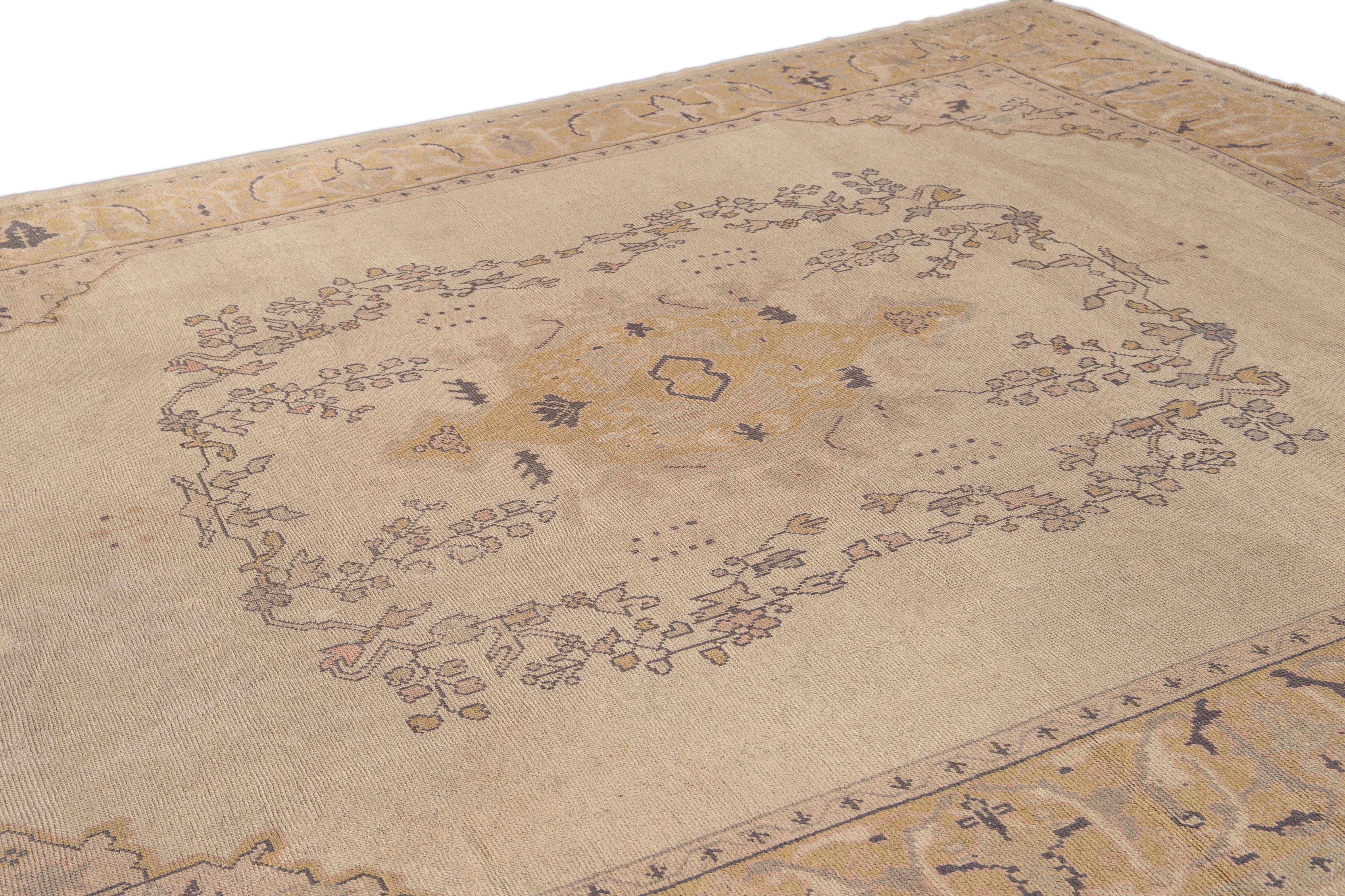 Late 19th Century Antique Beige Turkish Oushak Handmade Medallion Floral Wool Rug For Sale
