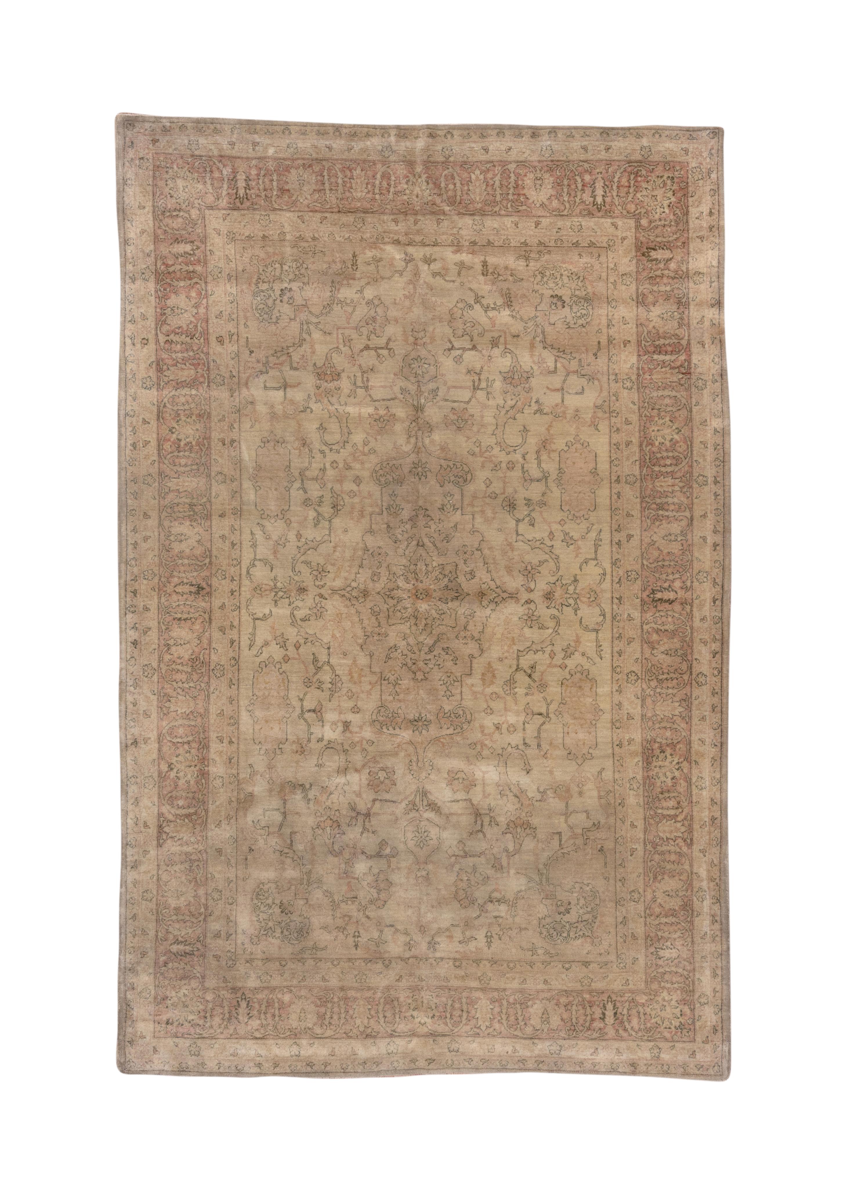 Early 20th Century Antique Beige Turkish Sivas Rug, Neutral Palette, Pink Border, Earth Tones For Sale