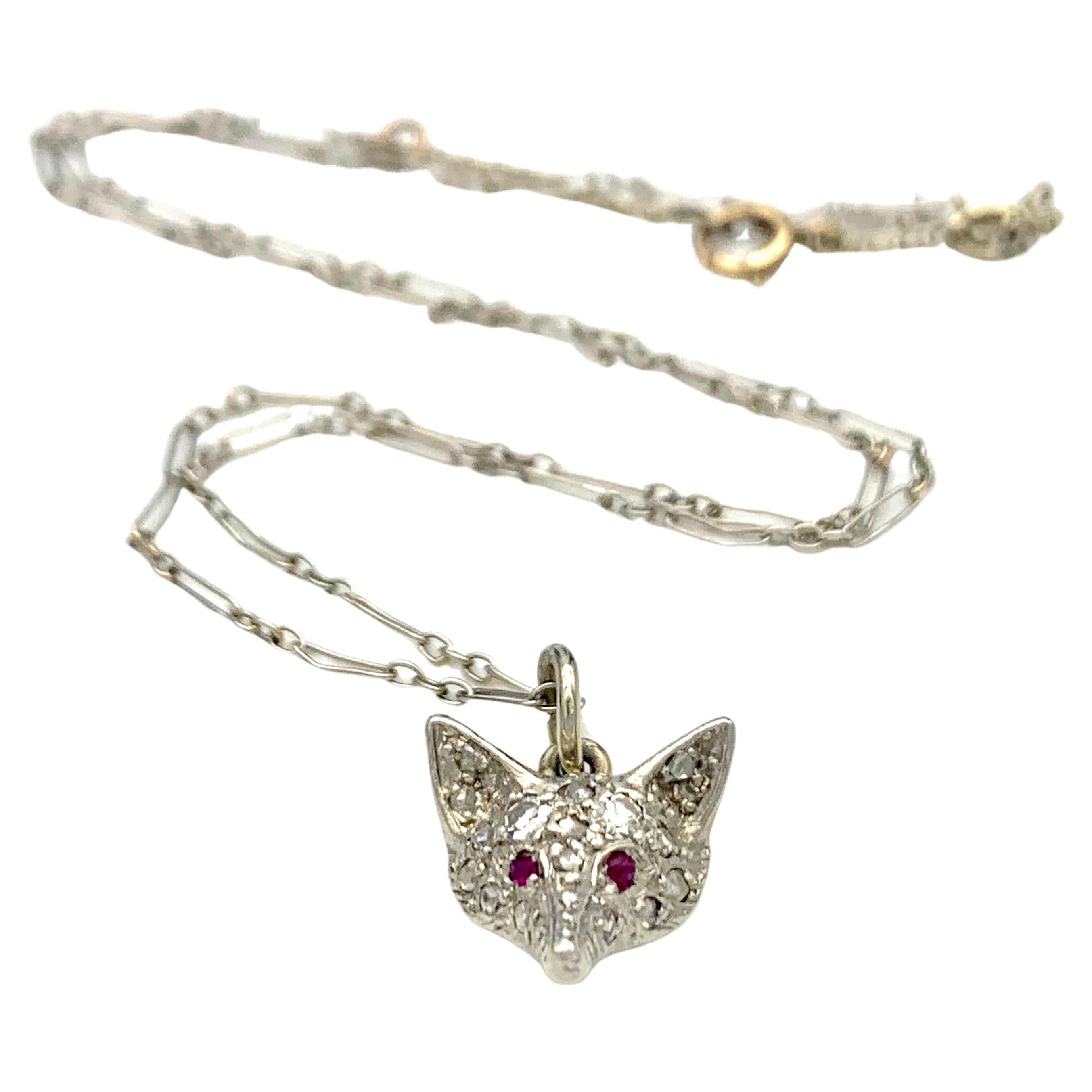 Antique Belle Époque Platinum 18K Gold Fox Pendant Necklace Diamond Ruby For Sale