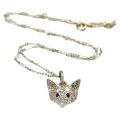 Antique Belle Époque Platinum 18K Gold Fox Pendant Necklace Diamond Ruby