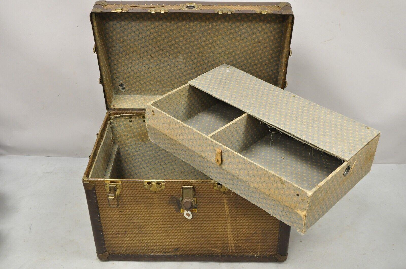 Victorian Antique Belber Traveling Goods Brown Monogram Print Hard Case Steamer Trunk For Sale