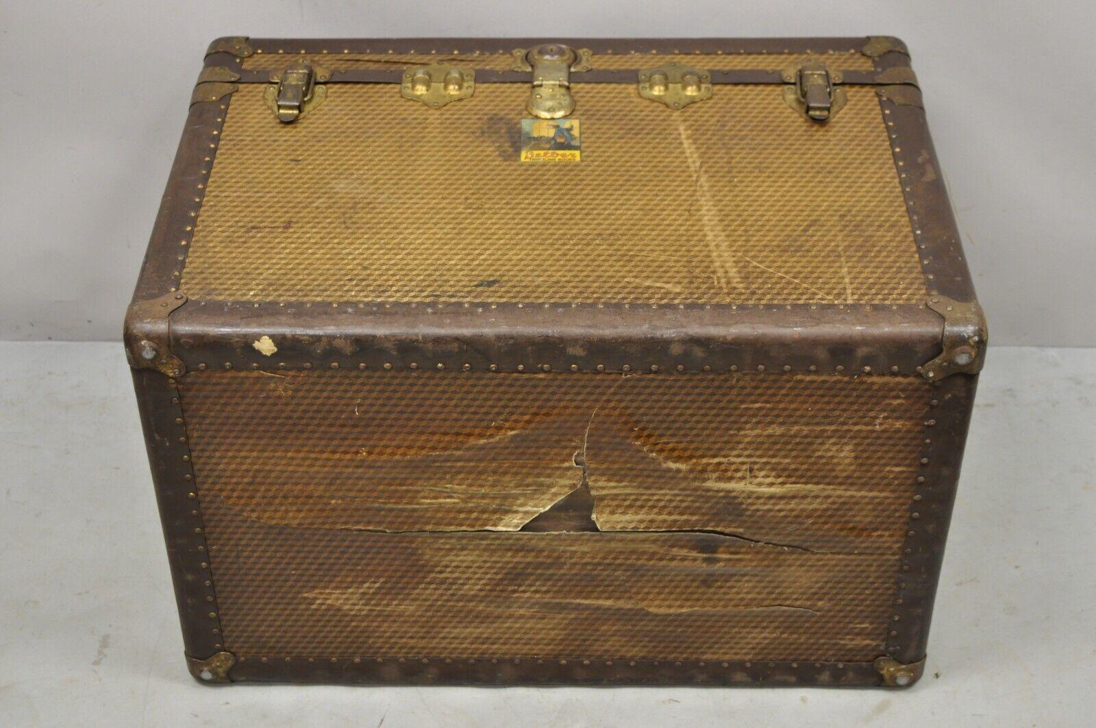 Leather Antique Belber Traveling Goods Brown Monogram Print Hard Case Steamer Trunk For Sale