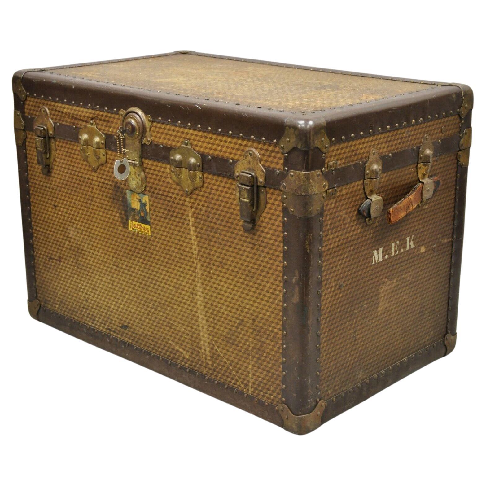 Antique Belber Traveling Goods Brown Monogram Print Hard Case Steamer Trunk For Sale