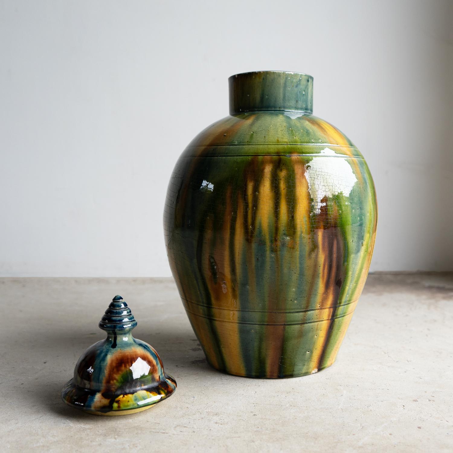 Antique Belgian Art Nouveau Drip Glazed Pottery Lidded Jar, Faiencerie De Thulin en venta 3