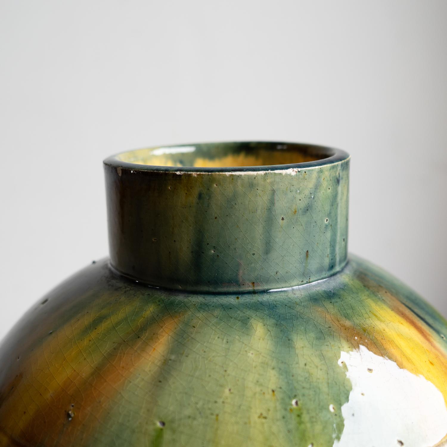 Antique Belgian Art Nouveau Drip Glazed Pottery Lidded Jar, Faiencerie De Thulin en venta 4