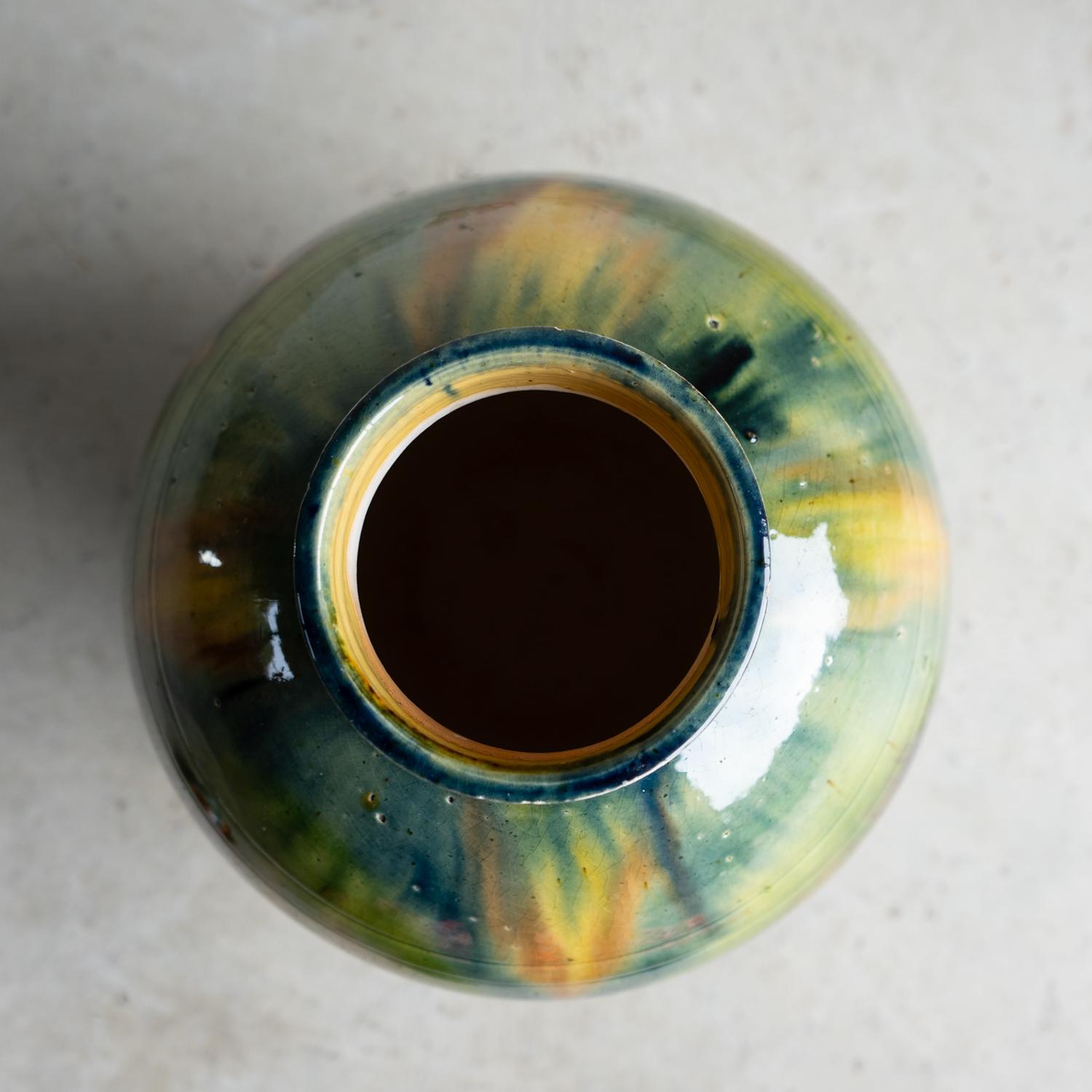 Antique Belgian Art Nouveau Drip Glazed Pottery Lidded Jar, Faiencerie De Thulin en venta 5