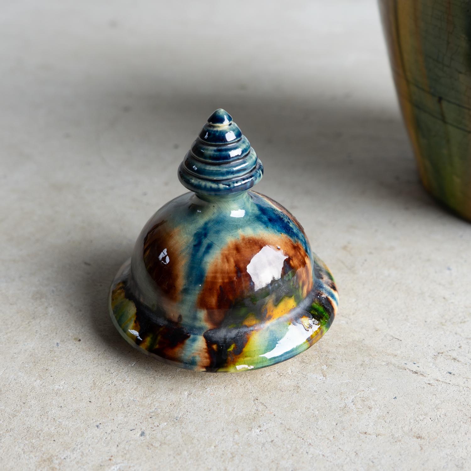 Antique Belgian Art Nouveau Drip Glazed Pottery Lidded Jar, Faiencerie De Thulin en venta 6