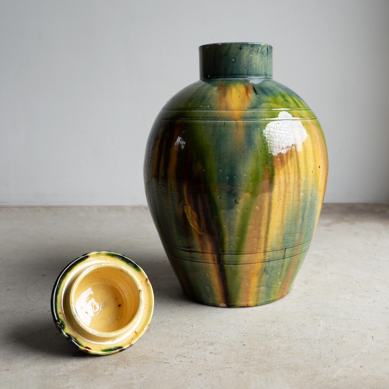 Antique Belgian Art Nouveau Drip Glazed Pottery Lidded Jar, Faiencerie De Thulin en venta 7