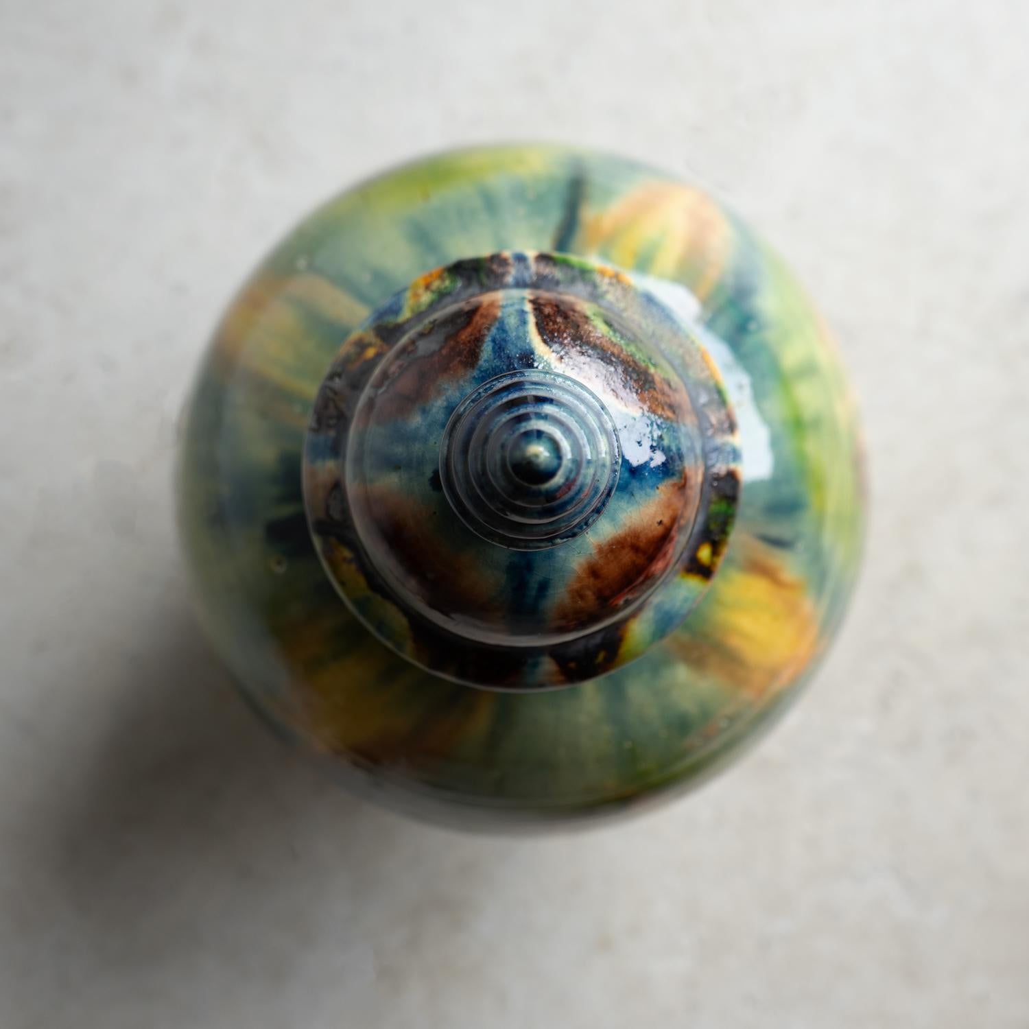 Antique Belgian Art Nouveau Drip Glazed Pottery Lidded Jar, Faiencerie De Thulin en venta 8