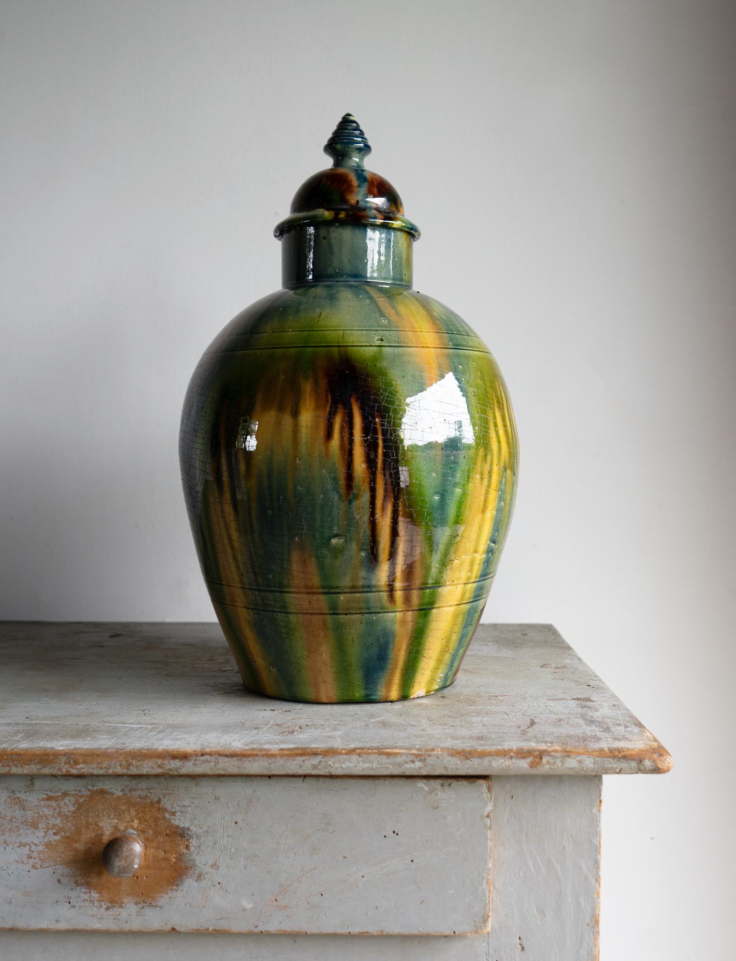 Antique Belgian Art Nouveau Drip Glazed Pottery Lidded Jar, Faiencerie De Thulin en venta 9