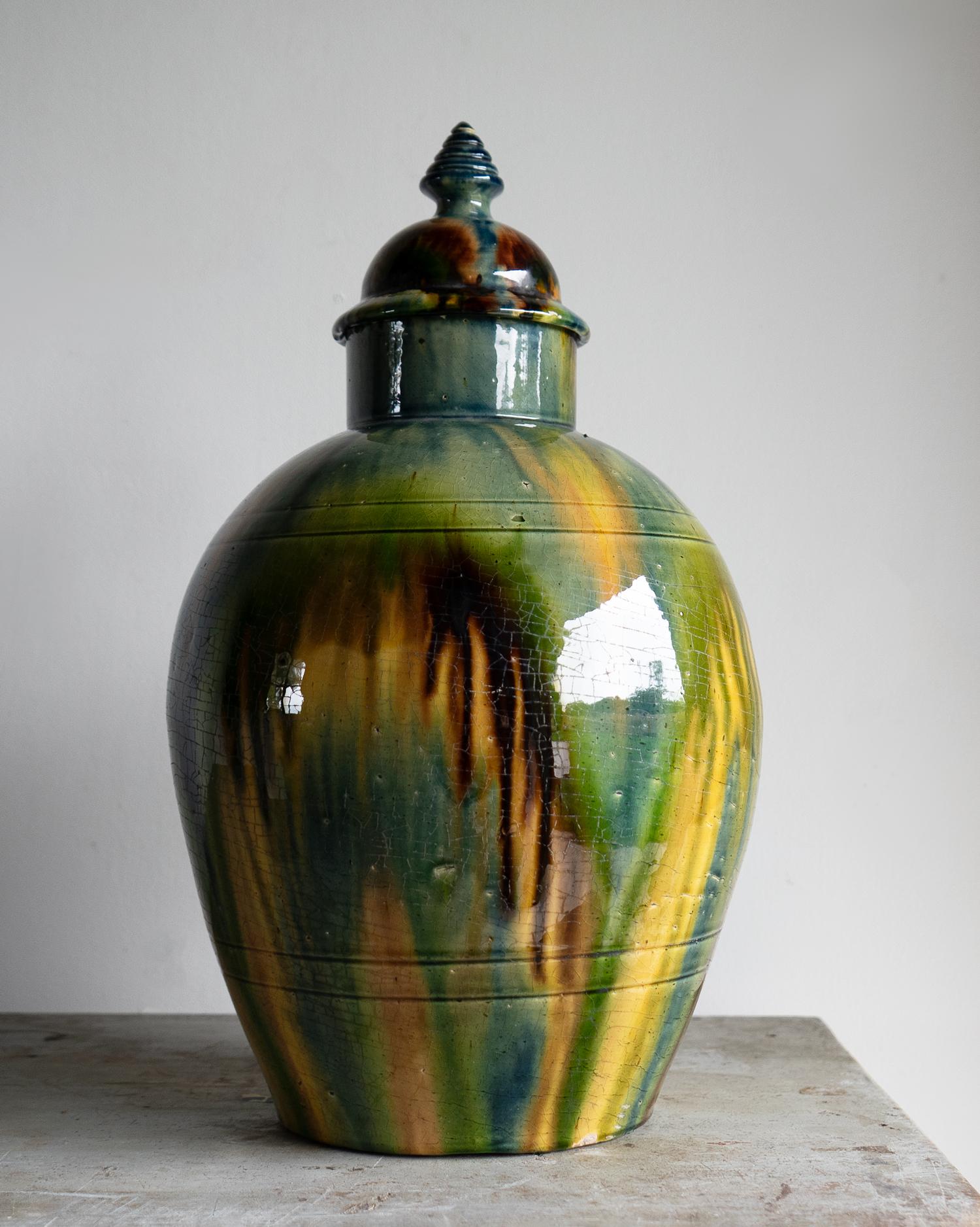 Antique Belgian Art Nouveau Drip Glazed Pottery Lidded Jar, Faiencerie De Thulin en venta 10