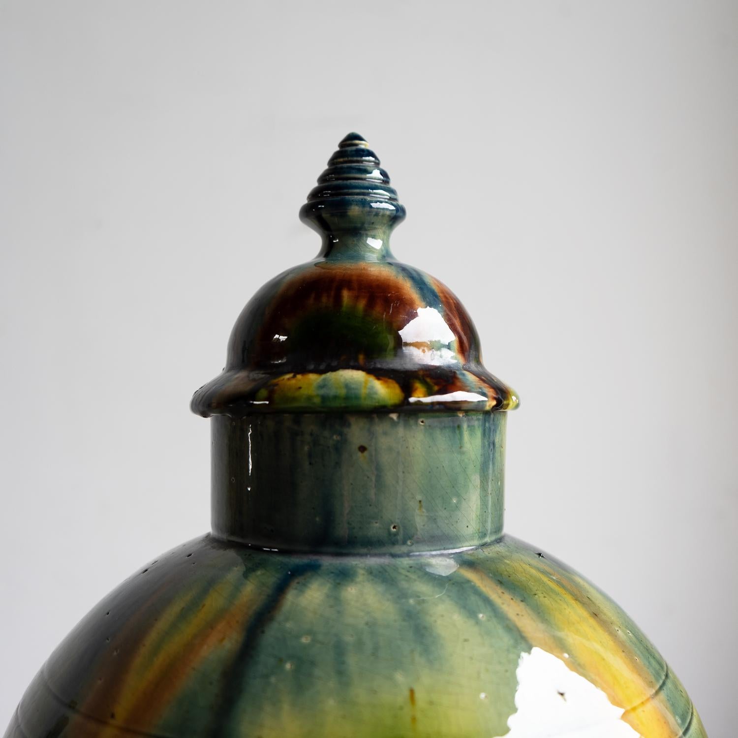 Antique Belgian Art Nouveau Drip Glazed Pottery Lidded Jar, Faiencerie De Thulin Belga en venta