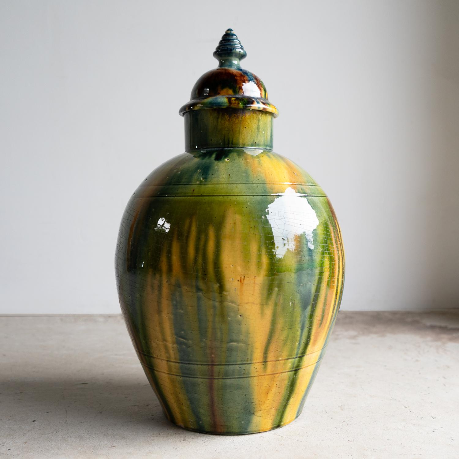 Antique Belgian Art Nouveau Drip Glazed Pottery Lidded Jar, Faiencerie De Thulin Glaseado en venta