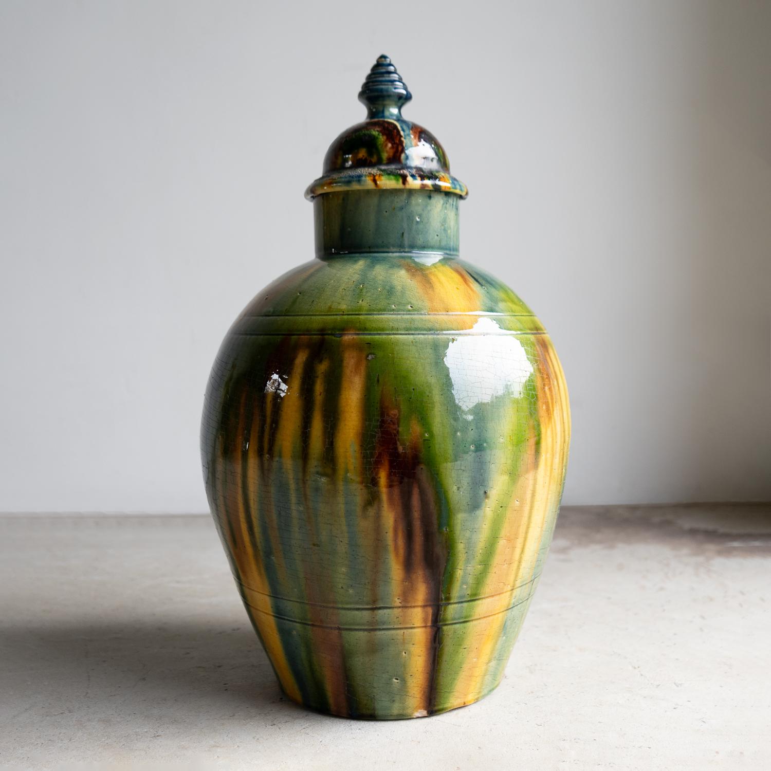 Antique Belgian Art Nouveau Drip Glazed Pottery Lidded Jar, Faiencerie De Thulin en Bueno estado para la venta en Bristol, GB