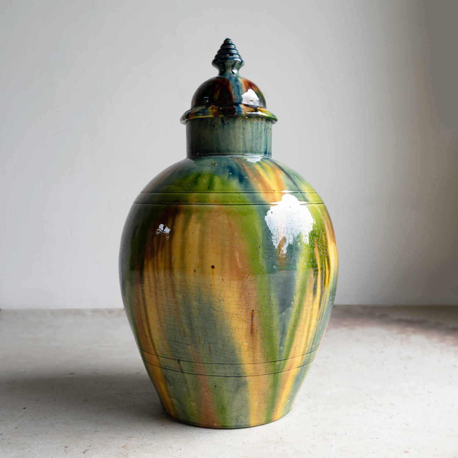 Antique Belgian Art Nouveau Drip Glazed Pottery Lidded Jar, Faiencerie De Thulin Cerámico en venta