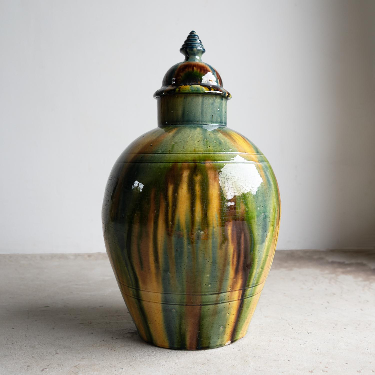 Antique Belgian Art Nouveau Drip Glazed Pottery Lidded Jar, Faiencerie De Thulin en venta 2