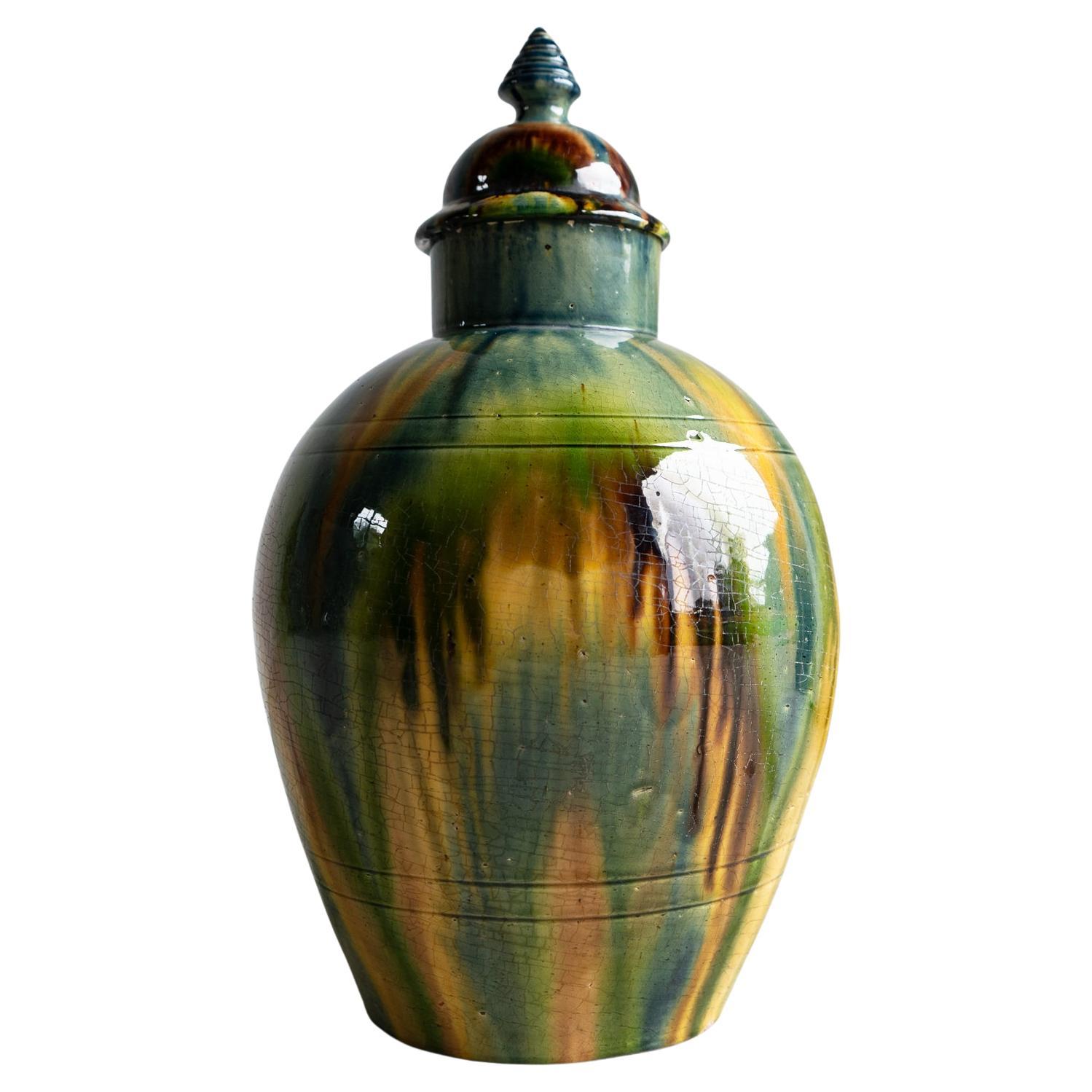Antique Belgian Art Nouveau Drip Glazed Pottery Lidded Jar, Faiencerie De Thulin en venta