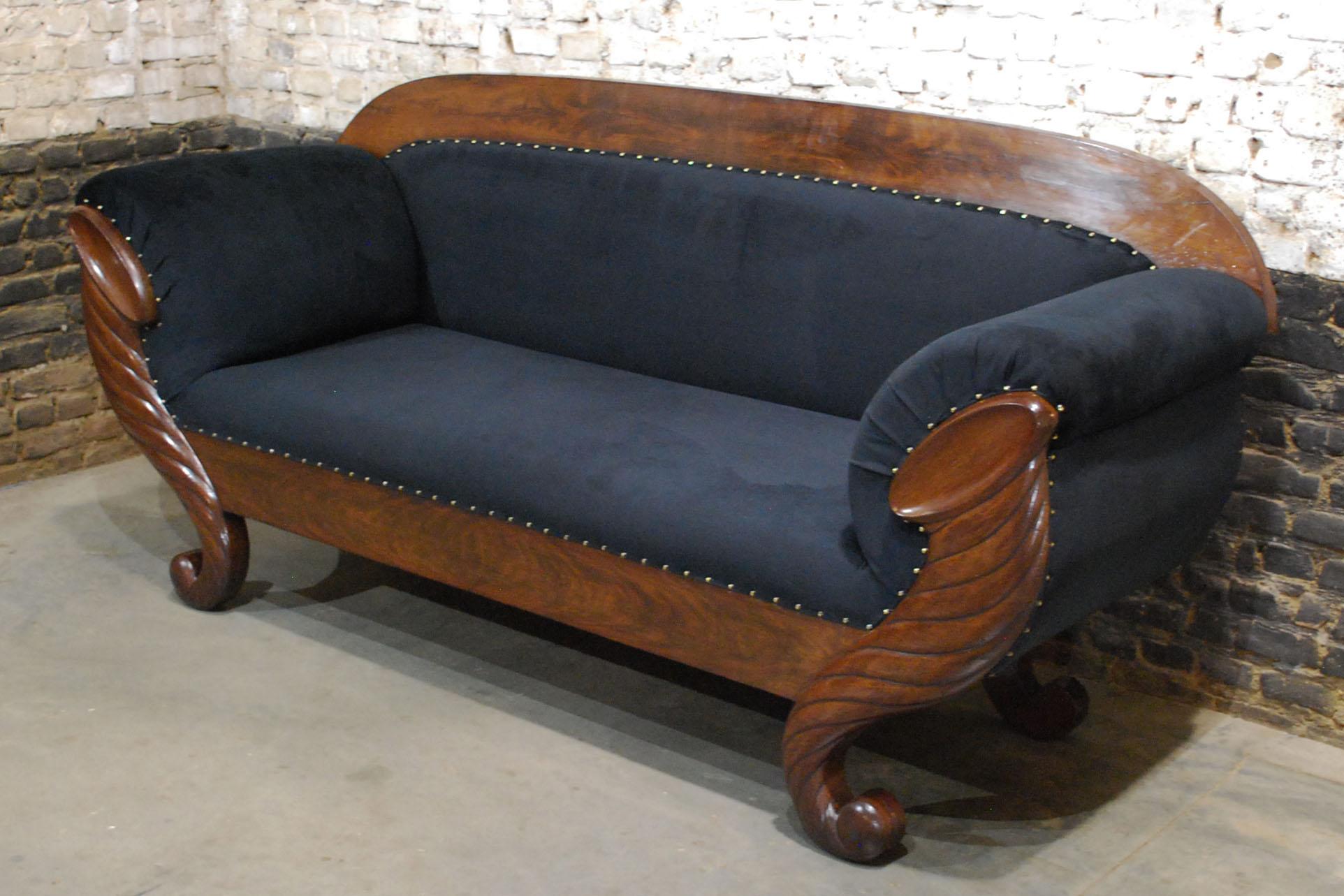 Veneer Antique Belgian Biedermeier Sofa, Couch in Mahogany and Black Velvet