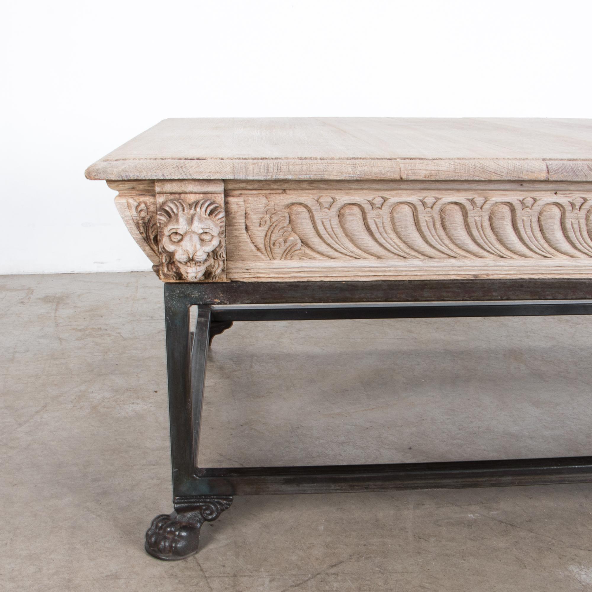 Early 20th Century Antique Belgian Bleached Oak Lions Head Coffee Table