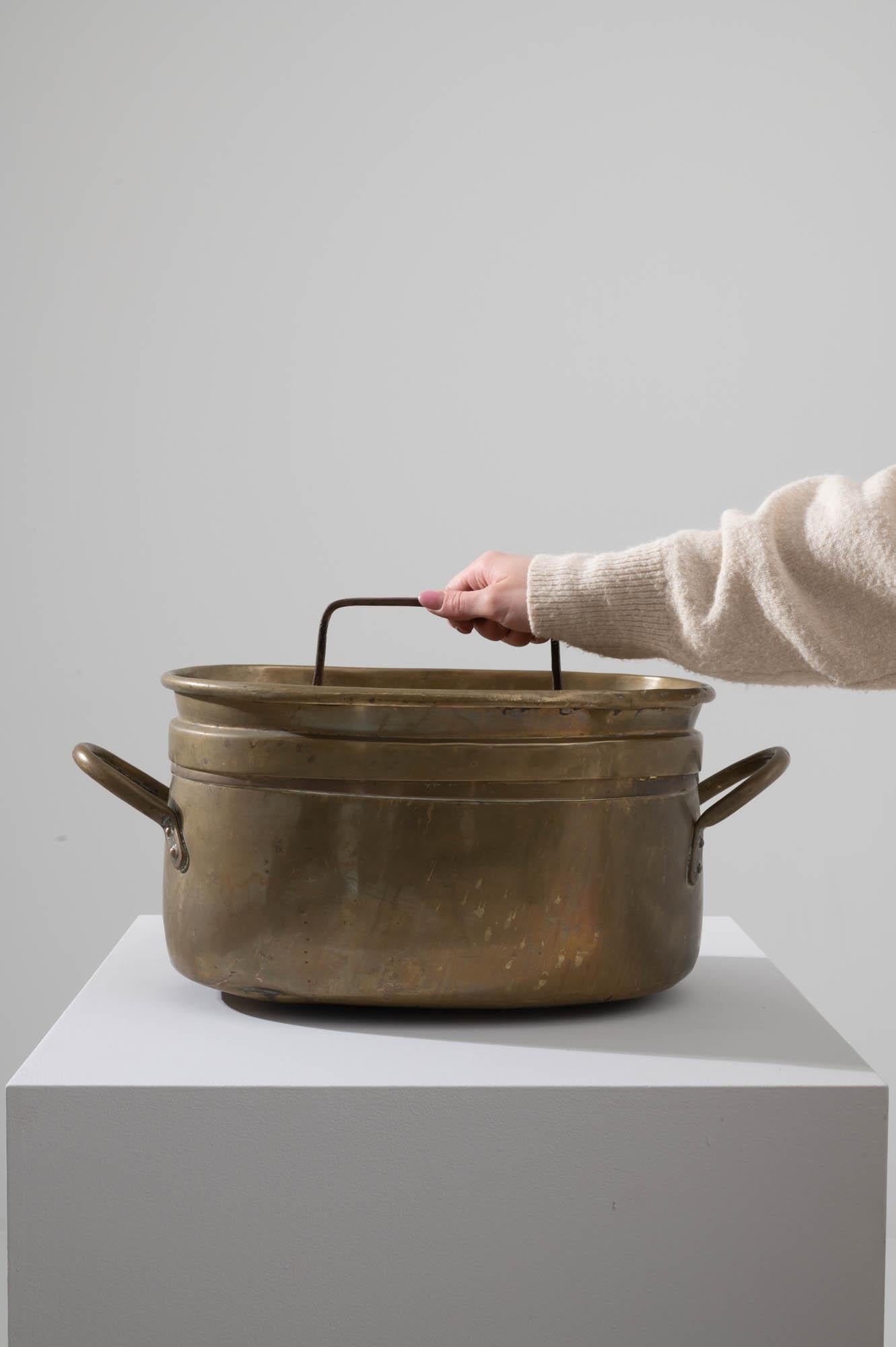 Country Antique Belgian Brass Cooking Pot with Lid For Sale