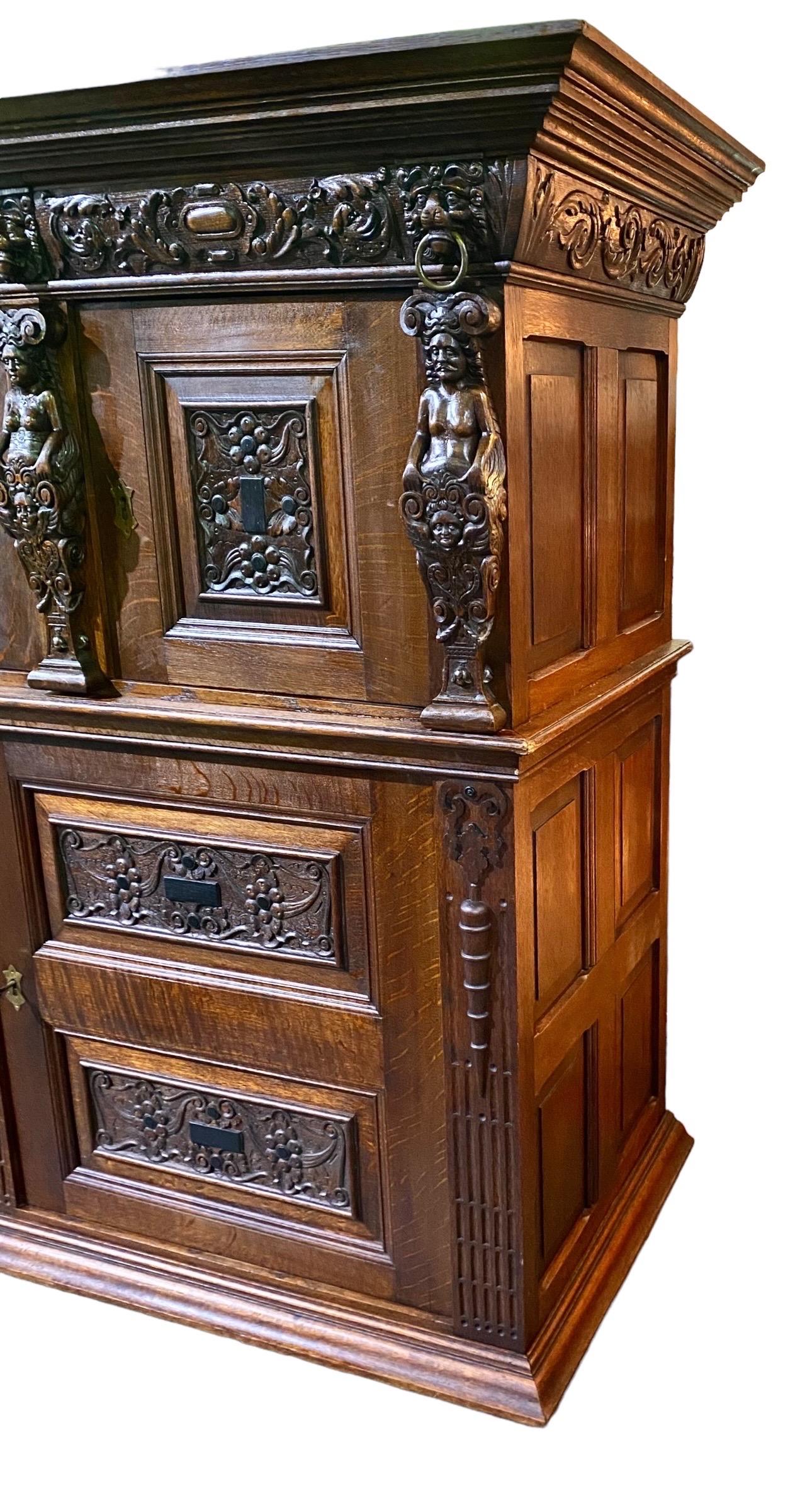 Antique Belgian Carved Oak Figural Sideboard In Good Condition For Sale In New Orleans, LA