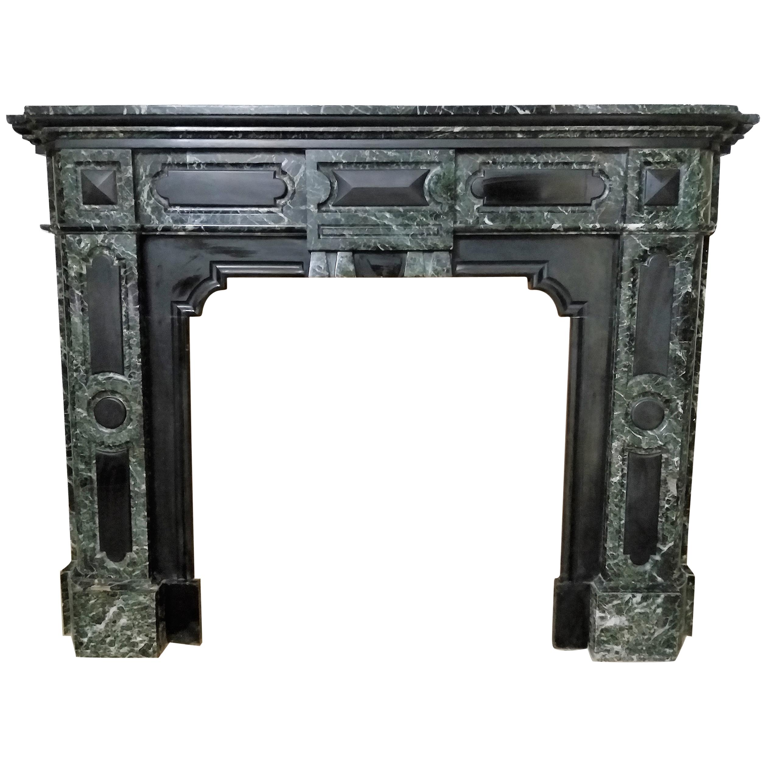Antique Belgian Fireplace, Verde Antico Marble and Noir de Mazy Marble For Sale