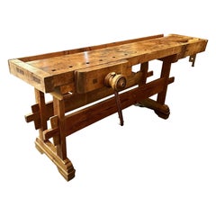 Antico banco da falegname in legno belga con 2 morse, CIRCA 1920