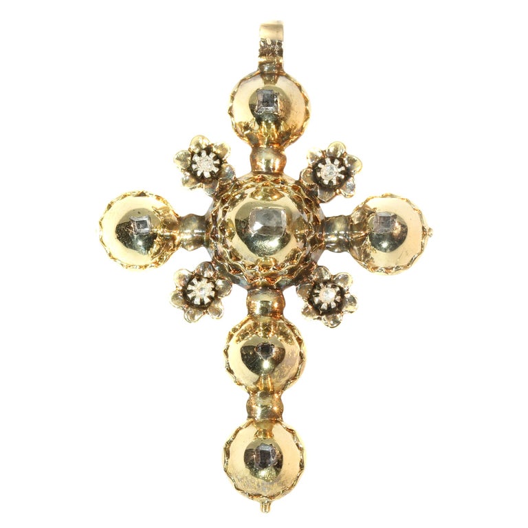 Antique Belgian Gold Cross Pendant with Old Table Cut Rose Cut Diamonds, 1815 For Sale at 1stdibs