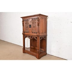 Antique Belgian Gothic Revival Carved Oak Bar Cabinet, Circa 1880s