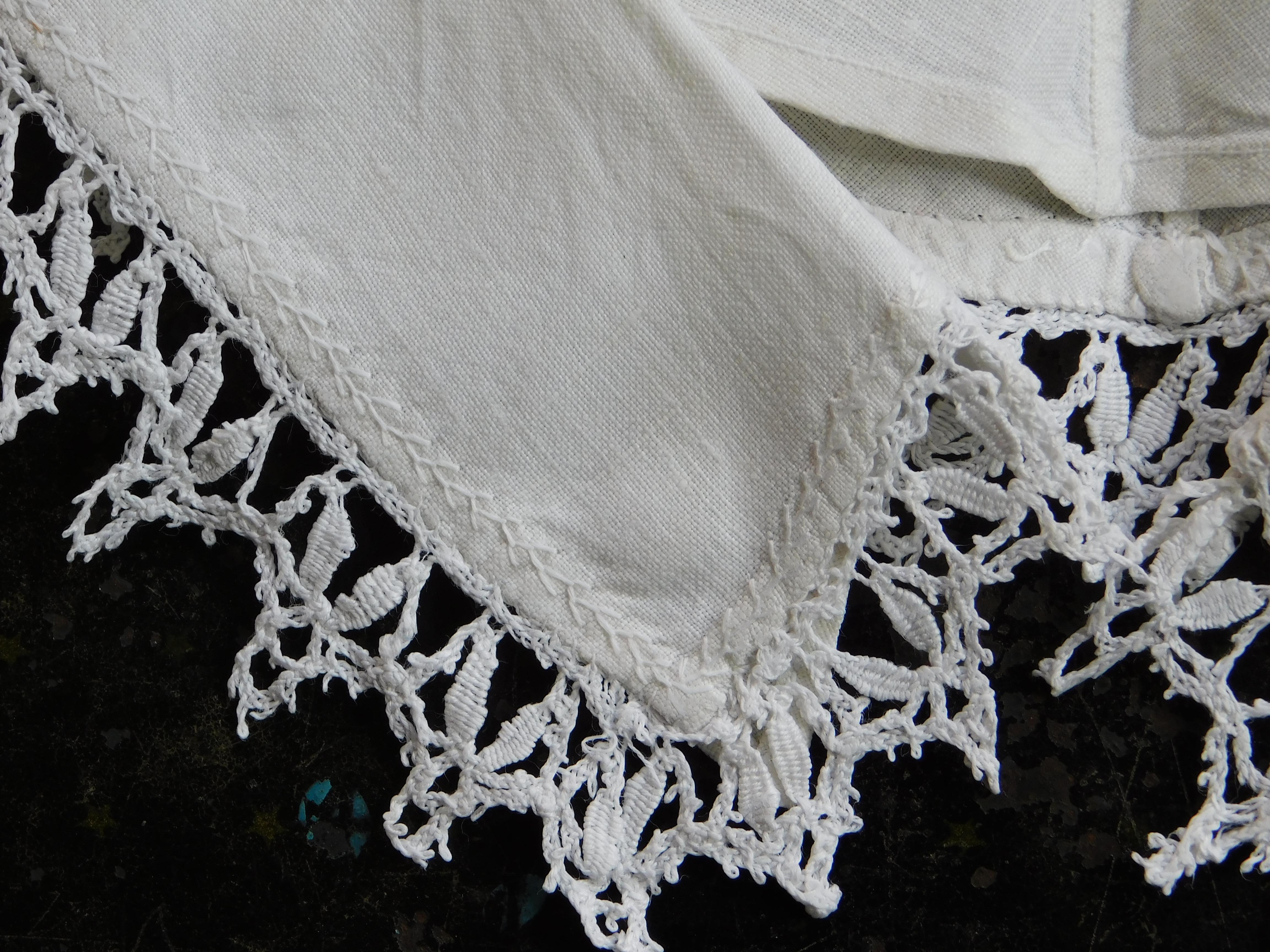 19th Century Hand made Belgian linen collar edged in hand knotted lace. Made to be worn with a crew neck collar ; the linen is doubled so that the collar easily slides securely between the edge of a crew neck sweater or cardigan, no sewing necessary.