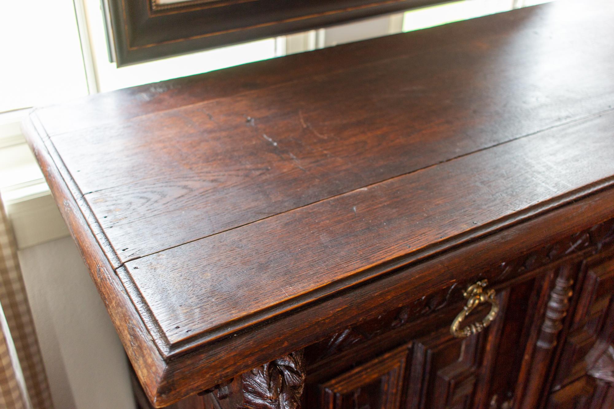 Antique Belgian Oak Malinois Petite Buffet with Carved Details For Sale 9