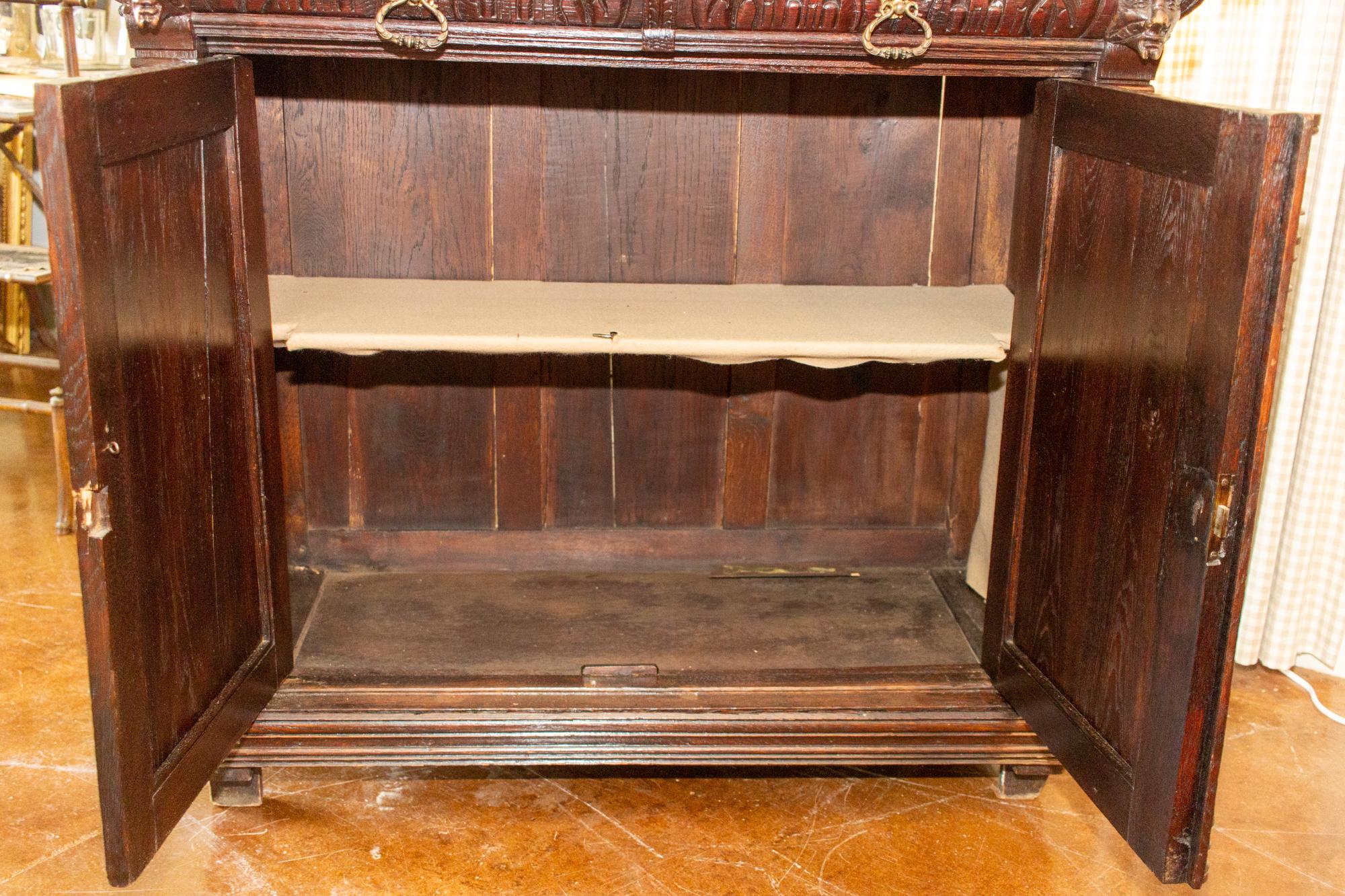 Antique Belgian Oak Malinois Petite Buffet with Carved Details For Sale 13