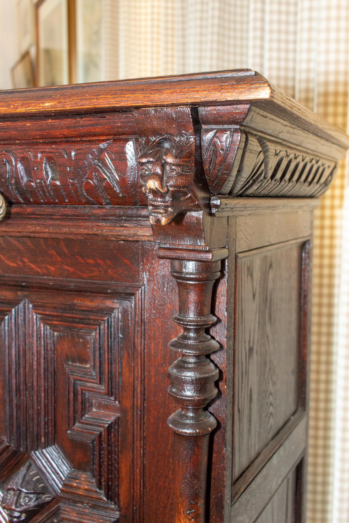 19th Century Antique Belgian Oak Malinois Petite Buffet with Carved Details For Sale