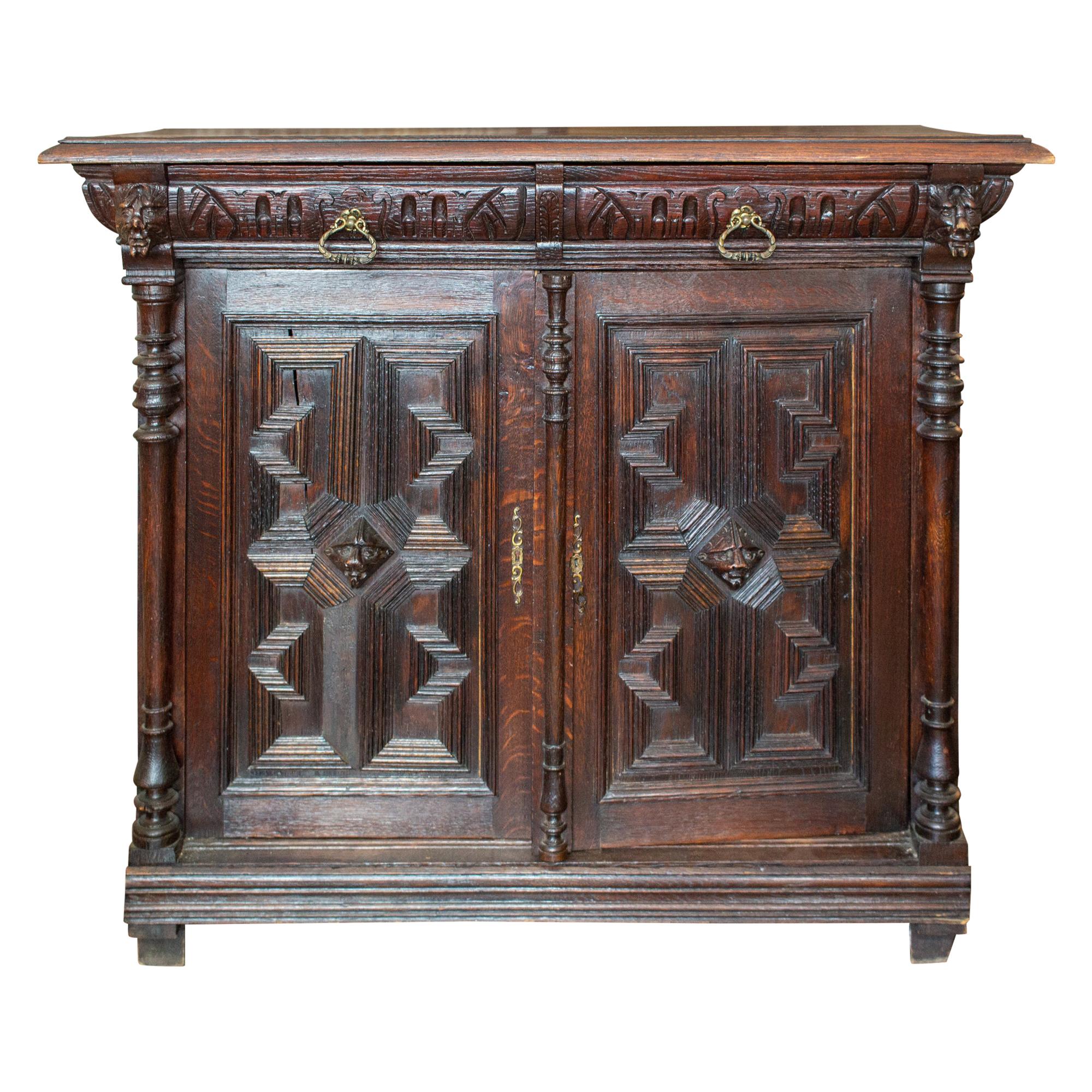 Antique Belgian Oak Malinois Petite Buffet with Carved Details For Sale