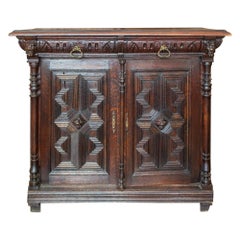 Antique Belgian Oak Malinois Petite Buffet with Carved Details