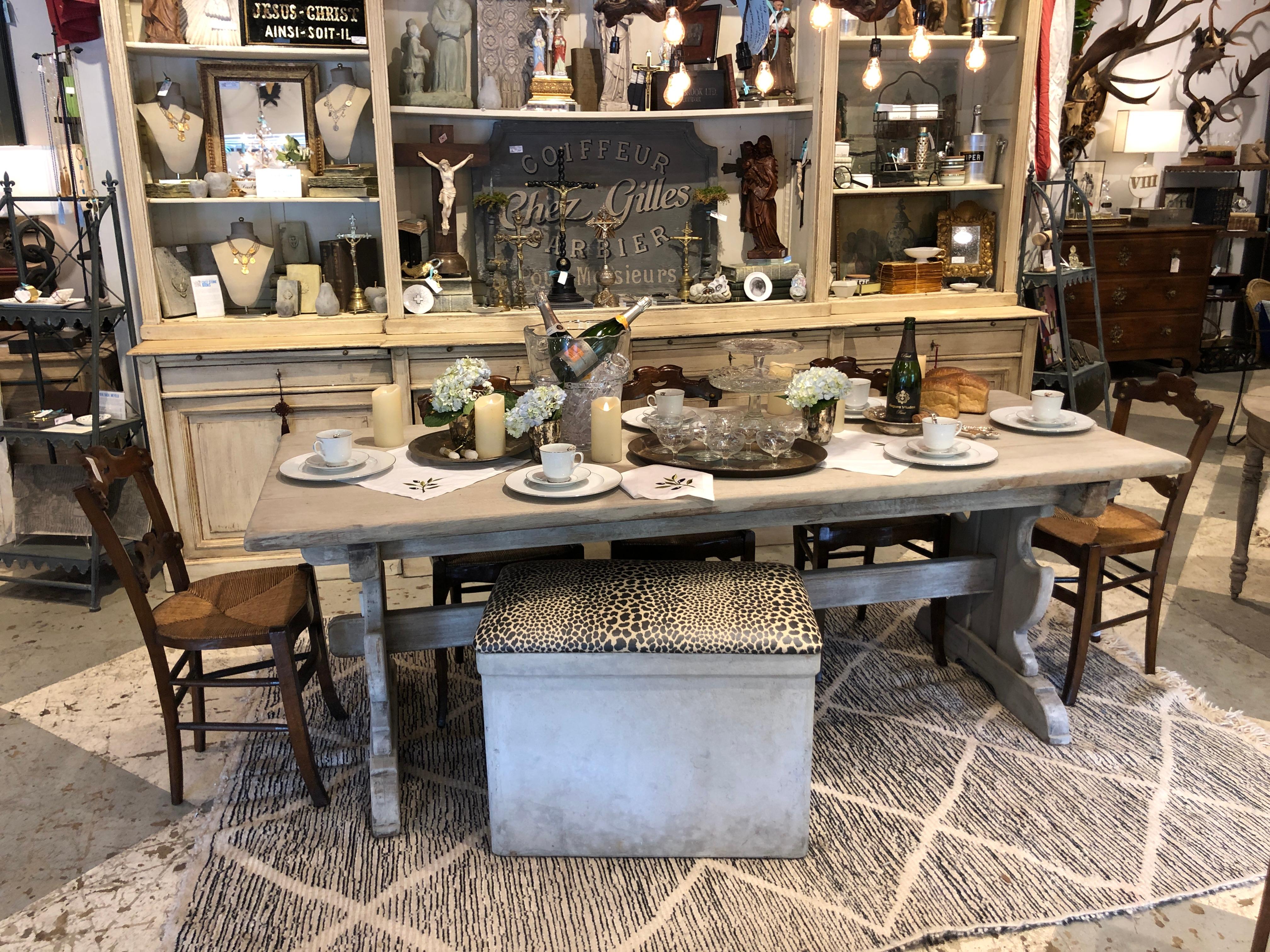 Antique Belgian Oak Trestle Dining Table in Greige Wash 6