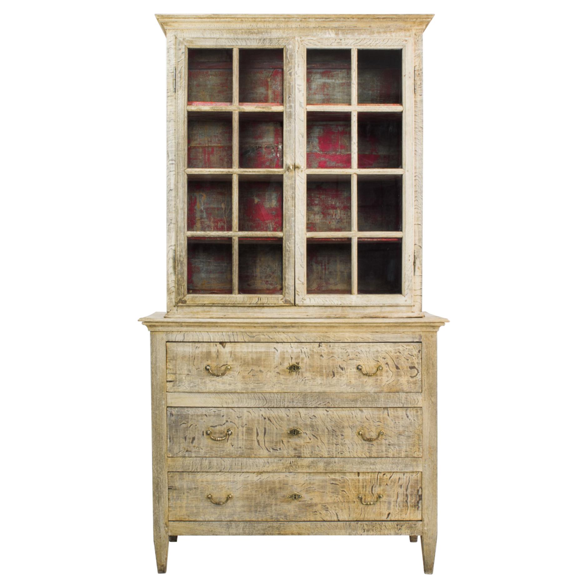 Antique Belgian Oak Vitrine with Red Painted Interior