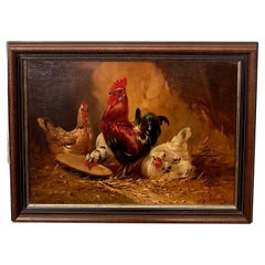 Antique Belgian Oil on Canvas "Rooster in Coop" Painting Signed P.H. Schouten 