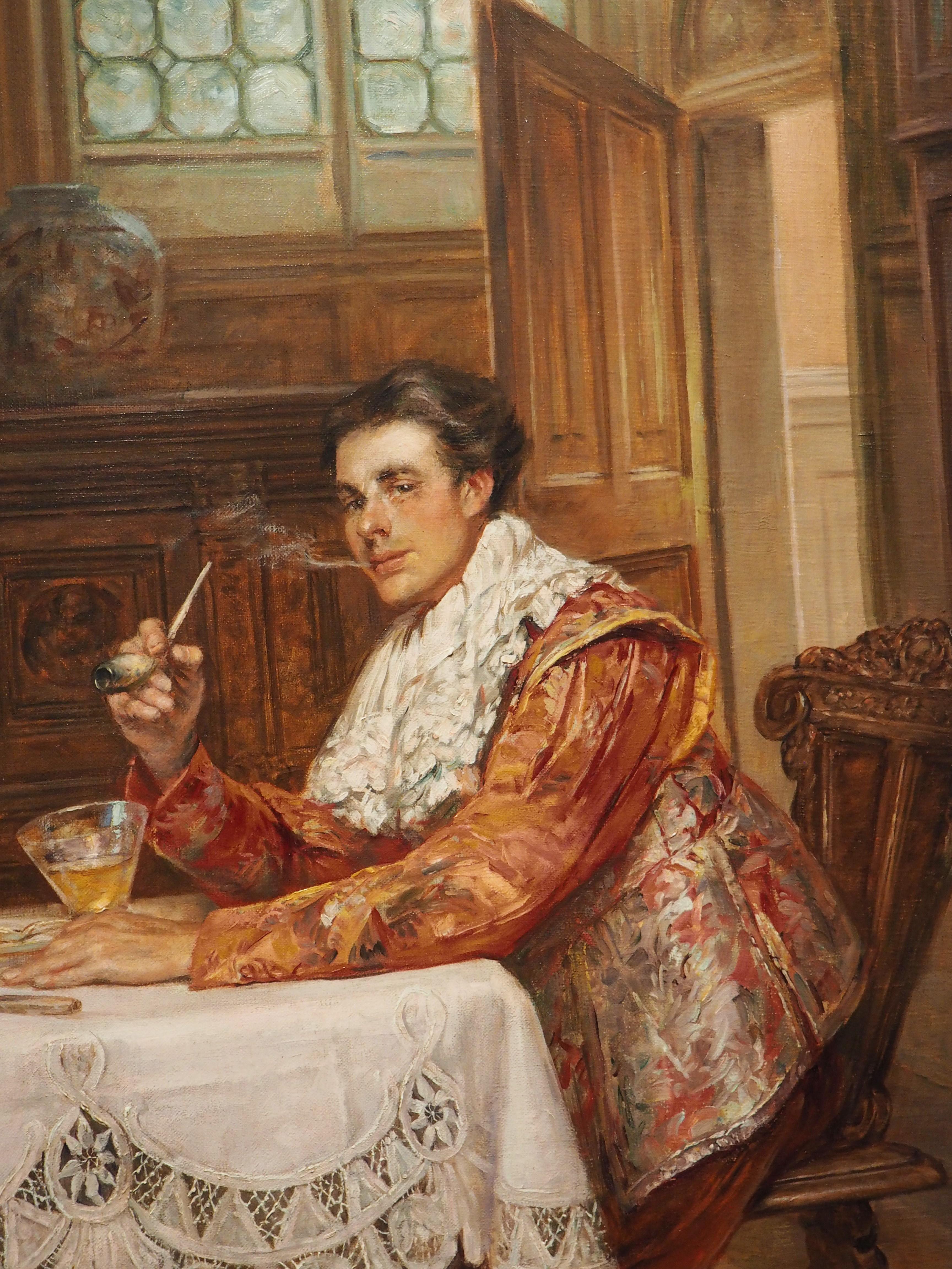 Antique Belgian Oil Painting of a Man at Lunch by Alex de Andreis, 1880-1929 For Sale 5