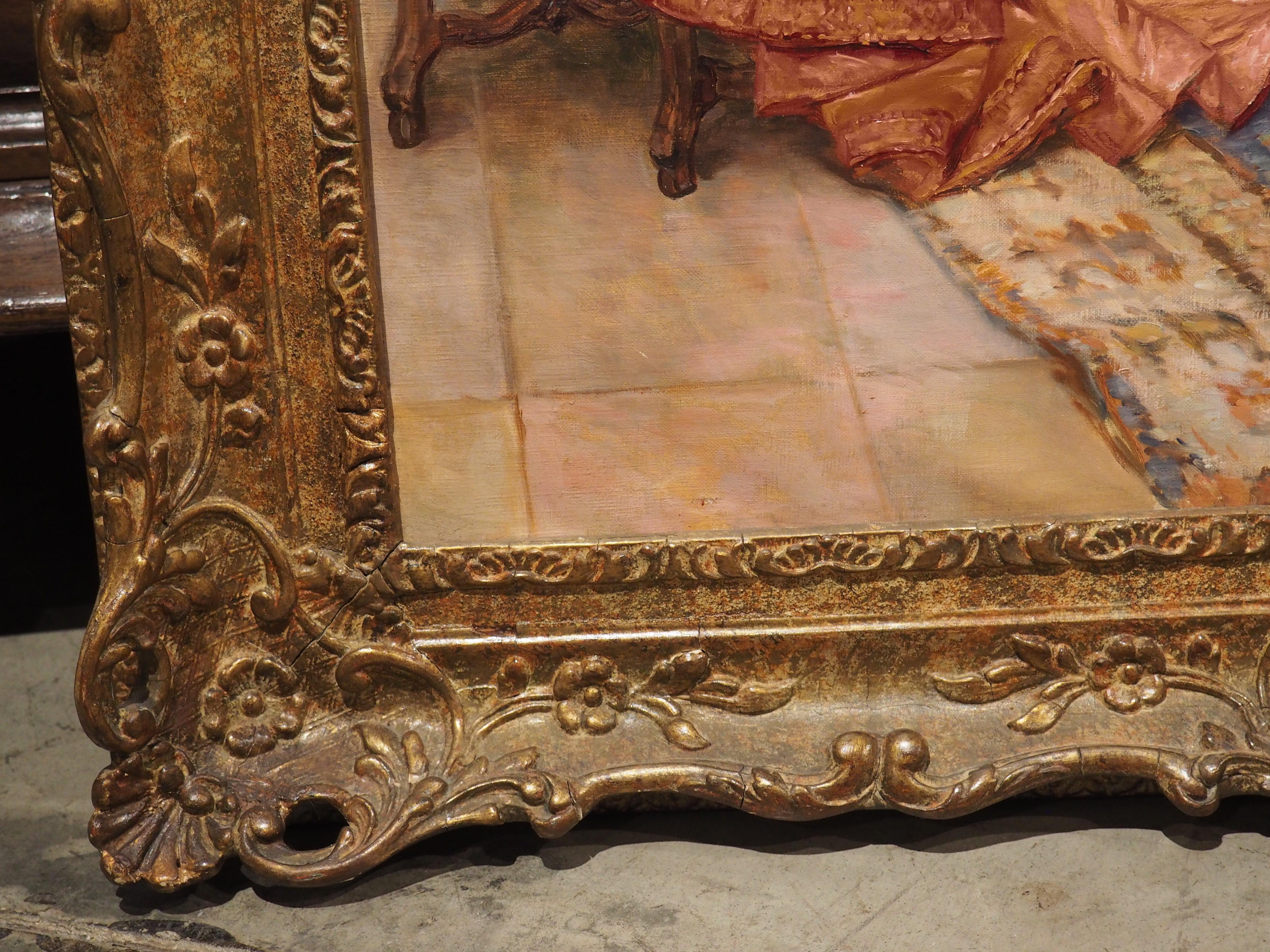 The subject of this antique oil painting is a man enjoying lunch, as emphasized by the brass placard near the bottom of the giltwood frame that reads Dejeuner (“lunch”), with the artist’s name “A de Andreis”. Based on the man’s style of dress, it